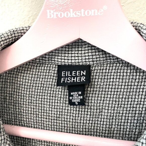 Eileen Fisher Black Grey Grid Button Front Short Sleeve Top Size S - Picture 2 of 5